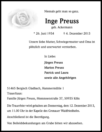 Anzeige von Inge Preuss von Kölner Stadt-Anzeiger / Kölnische Rundschau / Express