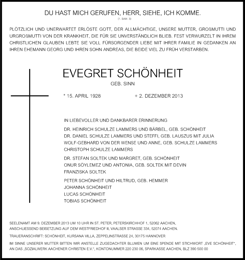  Traueranzeige für Evegret Schönheit vom 07.12.2013 aus Kölner Stadt-Anzeiger / Kölnische Rundschau / Express