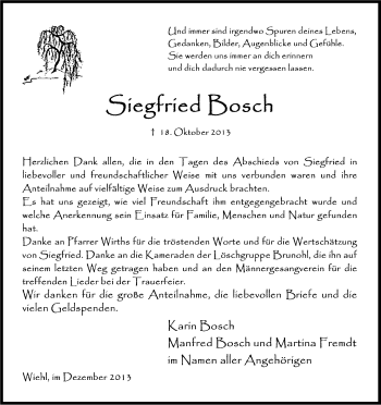 Anzeige von Siegfried Bosch von Kölner Stadt-Anzeiger / Kölnische Rundschau / Express