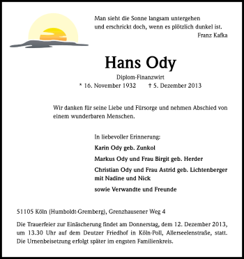 Anzeige von Hans Ody von Kölner Stadt-Anzeiger / Kölnische Rundschau / Express