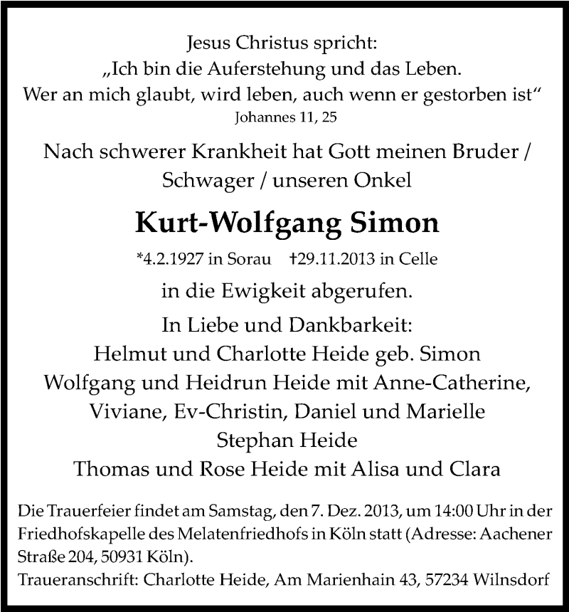  Traueranzeige für Kurt-Wolfgang Simon vom 07.12.2013 aus Kölner Stadt-Anzeiger / Kölnische Rundschau / Express