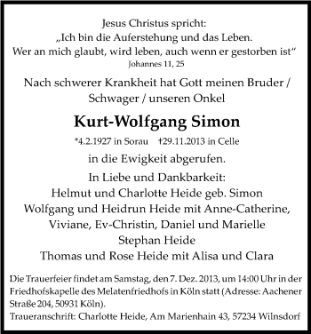 Anzeige von Kurt-Wolfgang Simon von Kölner Stadt-Anzeiger / Kölnische Rundschau / Express