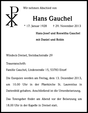 Anzeige von Hans Gauchel von Kölner Stadt-Anzeiger / Kölnische Rundschau / Express