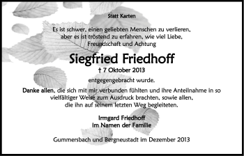 Anzeige von Siegfried Friedhoff von Kölner Stadt-Anzeiger / Kölnische Rundschau / Express