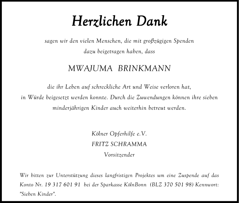  Traueranzeige für Mwajuma Brinkmann vom 14.12.2013 aus Kölner Stadt-Anzeiger / Kölnische Rundschau / Express