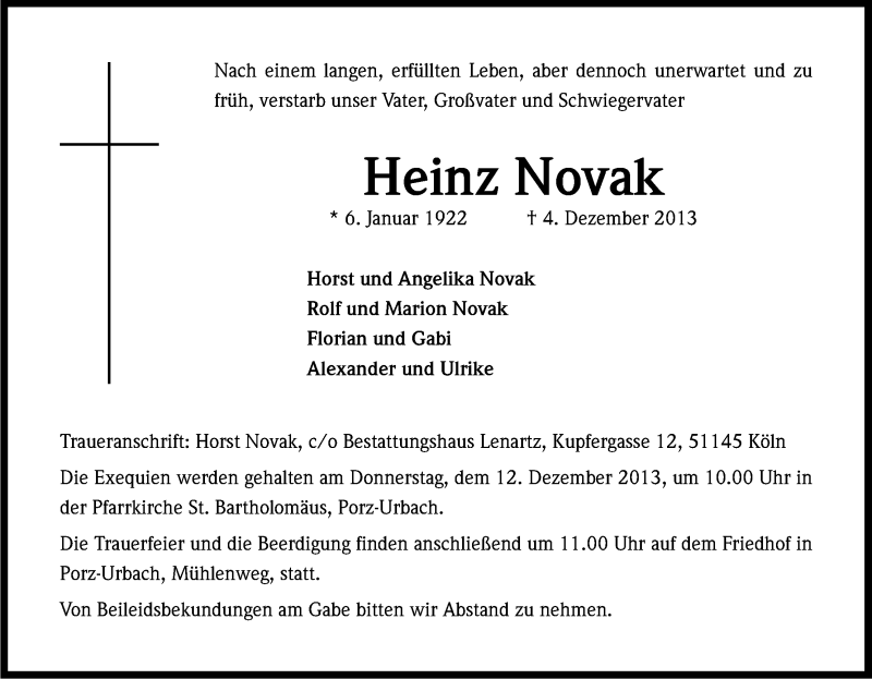  Traueranzeige für Heinz Novak vom 07.12.2013 aus Kölner Stadt-Anzeiger / Kölnische Rundschau / Express