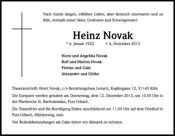 Anzeige von Heinz Novak von Kölner Stadt-Anzeiger / Kölnische Rundschau / Express