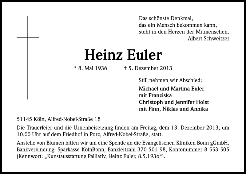  Traueranzeige für Heinz Euler vom 07.12.2013 aus Kölner Stadt-Anzeiger / Kölnische Rundschau / Express