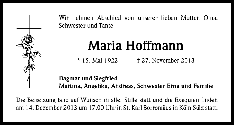  Traueranzeige für Maria Hoffmann vom 11.12.2013 aus Kölner Stadt-Anzeiger / Kölnische Rundschau / Express
