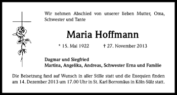 Anzeige von Maria Hoffmann von Kölner Stadt-Anzeiger / Kölnische Rundschau / Express