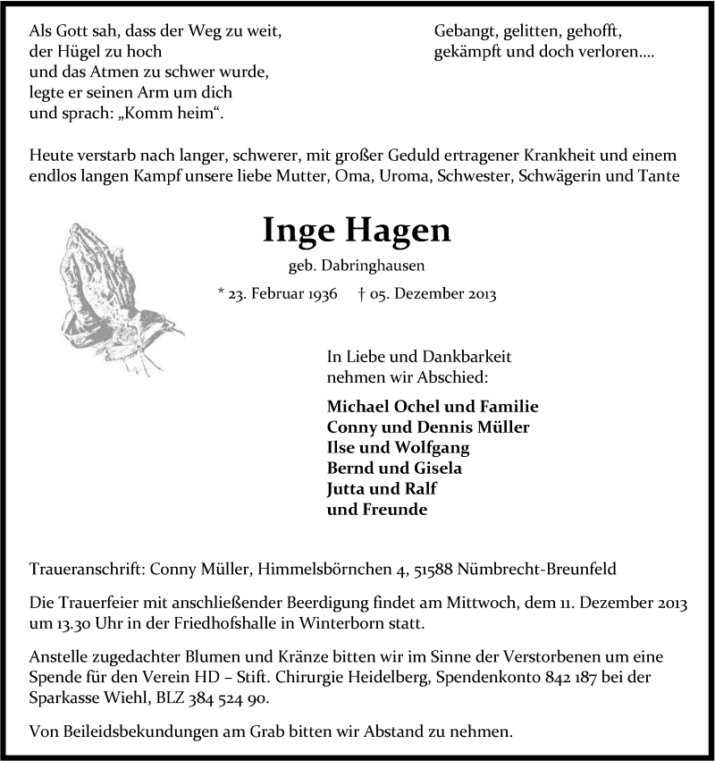 Traueranzeige für Inge Hagen vom 09.12.2013 aus Kölner Stadt-Anzeiger / Kölnische Rundschau / Express