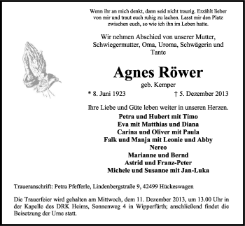 Anzeige von Agnes Röwer von Kölner Stadt-Anzeiger / Kölnische Rundschau / Express