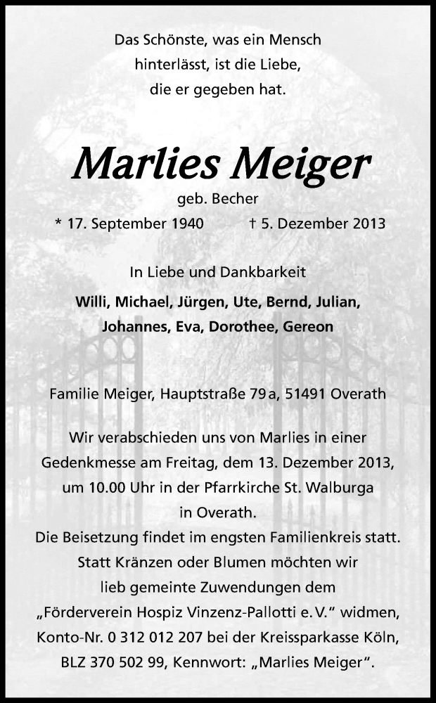  Traueranzeige für Marlies Meiger vom 09.12.2013 aus Kölner Stadt-Anzeiger / Kölnische Rundschau / Express