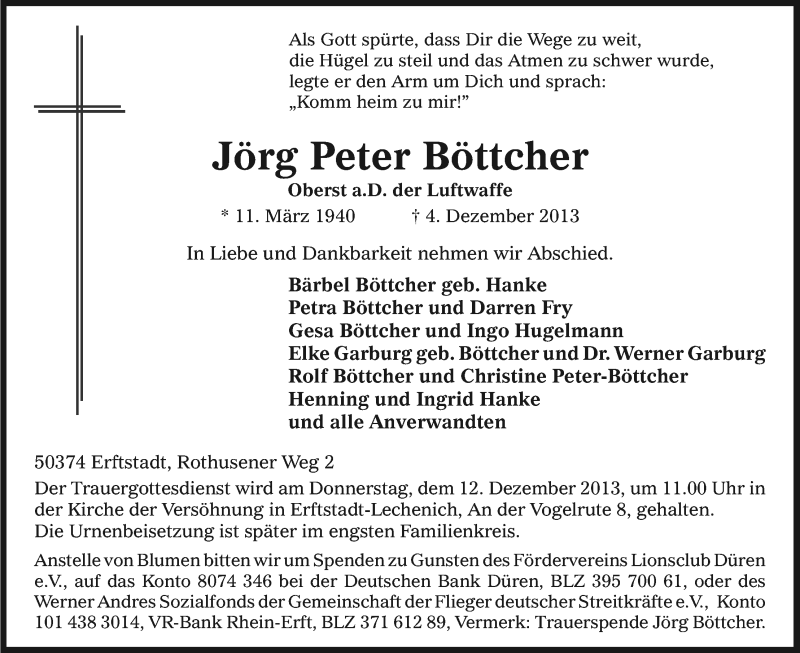  Traueranzeige für Jörg Peter Böttcher vom 09.12.2013 aus Kölner Stadt-Anzeiger / Kölnische Rundschau / Express