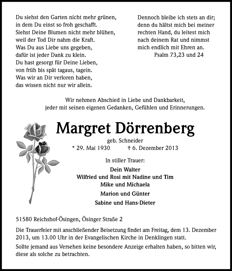  Traueranzeige für Margret Dörrenberg vom 09.12.2013 aus Kölner Stadt-Anzeiger / Kölnische Rundschau / Express