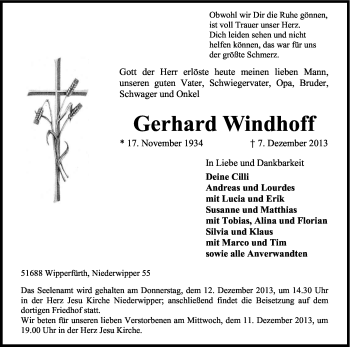 Anzeige von Gerhard Windhoff von Kölner Stadt-Anzeiger / Kölnische Rundschau / Express
