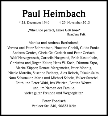 Anzeige von Paul Heimbach von Kölner Stadt-Anzeiger / Kölnische Rundschau / Express