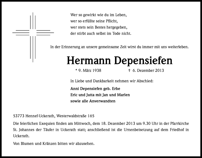  Traueranzeige für Hermann Depensiefen vom 10.12.2013 aus Kölner Stadt-Anzeiger / Kölnische Rundschau / Express