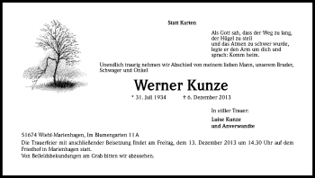 Anzeige von Werner Kunze von Kölner Stadt-Anzeiger / Kölnische Rundschau / Express