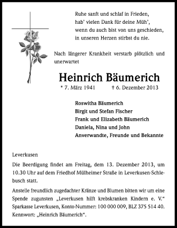 Anzeige von Heinrich Bäumerich von Kölner Stadt-Anzeiger / Kölnische Rundschau / Express