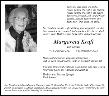 Anzeige von Margareta Kraft von Kölner Stadt-Anzeiger / Kölnische Rundschau / Express