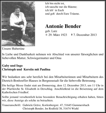 Anzeige von Antonie Bender von Kölner Stadt-Anzeiger / Kölnische Rundschau / Express