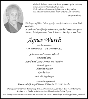 Anzeige von Agnes Wurth von Kölner Stadt-Anzeiger / Kölnische Rundschau / Express