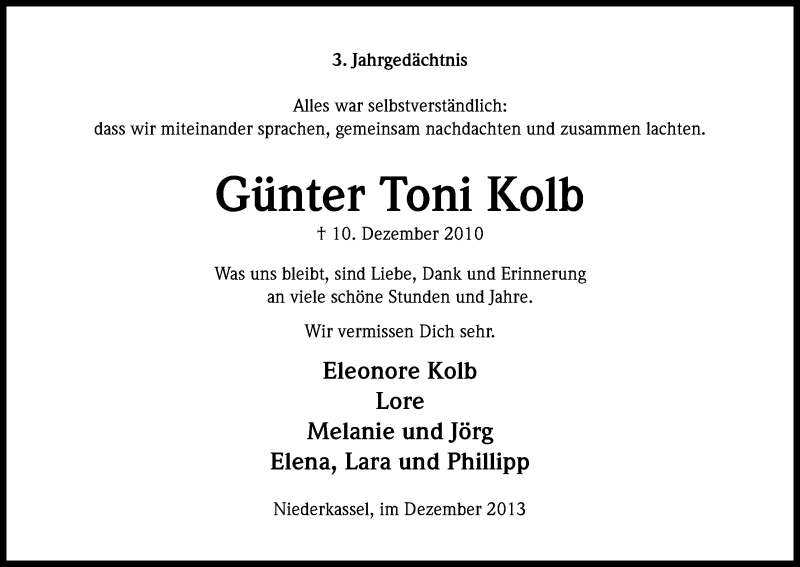  Traueranzeige für Günter Toni Kolb vom 10.12.2013 aus Kölner Stadt-Anzeiger / Kölnische Rundschau / Express