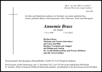 Anzeige von Annemie Brass von Kölner Stadt-Anzeiger / Kölnische Rundschau / Express