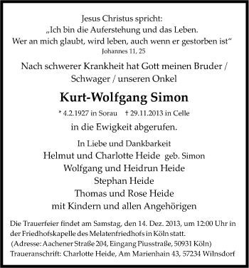 Anzeige von Kurt-Wolfgang Simon von Kölner Stadt-Anzeiger / Kölnische Rundschau / Express
