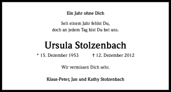 Anzeige von Ursula Stolzenbach von Kölner Stadt-Anzeiger / Kölnische Rundschau / Express