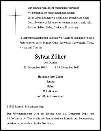 Anzeige von Sylvia Zöller von Kölner Stadt-Anzeiger / Kölnische Rundschau / Express