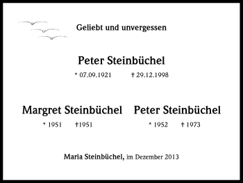 Anzeige von Peter Steinbüchel von Kölner Stadt-Anzeiger / Kölnische Rundschau / Express