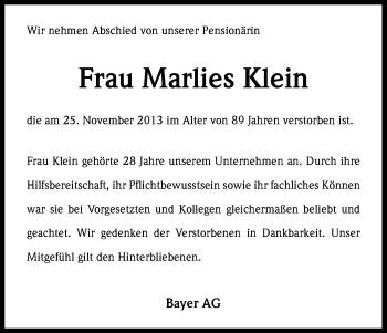 Anzeige von Marlies Klein von Kölner Stadt-Anzeiger / Kölnische Rundschau / Express
