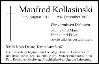 Anzeige von Manfred Kollasinski von Kölner Stadt-Anzeiger / Kölnische Rundschau / Express