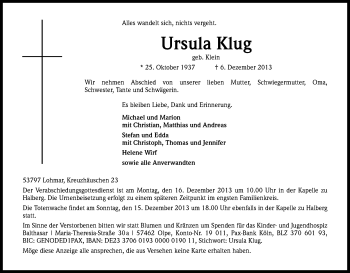 Anzeige von Ursula Klug von Kölner Stadt-Anzeiger / Kölnische Rundschau / Express