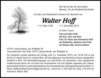 Anzeige von Walter Hoff von Kölner Stadt-Anzeiger / Kölnische Rundschau / Express