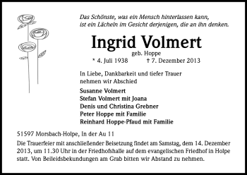 Anzeige von Ingrid Volmert von Kölner Stadt-Anzeiger / Kölnische Rundschau / Express