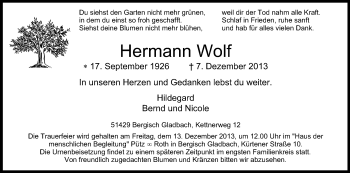 Anzeige von Hermann Wolf von Kölner Stadt-Anzeiger / Kölnische Rundschau / Express