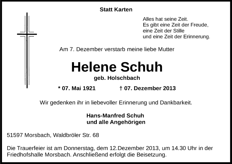  Traueranzeige für Helene Schuh vom 10.12.2013 aus Kölner Stadt-Anzeiger / Kölnische Rundschau / Express