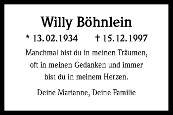 Anzeige von Willy Böhnlein von Kölner Stadt-Anzeiger / Kölnische Rundschau / Express