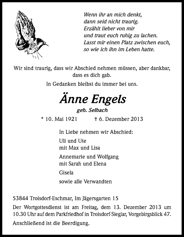  Traueranzeige für Änne Engels vom 11.12.2013 aus Kölner Stadt-Anzeiger / Kölnische Rundschau / Express