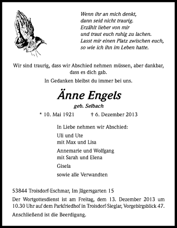 Anzeige von Änne Engels von Kölner Stadt-Anzeiger / Kölnische Rundschau / Express