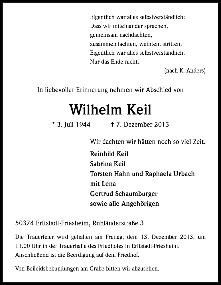  Traueranzeige für Wilhelm Keil vom 11.12.2013 aus Kölner Stadt-Anzeiger / Kölnische Rundschau / Express