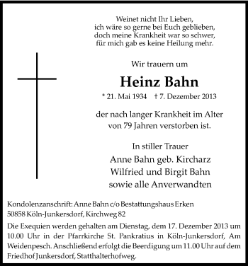 Anzeige von Heinz Bahn von Kölner Stadt-Anzeiger / Kölnische Rundschau / Express