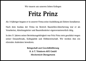 Anzeige von Fritz Prinz von Kölner Stadt-Anzeiger / Kölnische Rundschau / Express