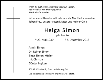 Anzeige von Helga Simon von Kölner Stadt-Anzeiger / Kölnische Rundschau / Express