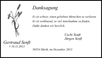 Anzeige von Gertraud Senft von Kölner Stadt-Anzeiger / Kölnische Rundschau / Express