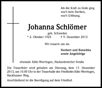 Anzeige von Johanna Schlömer von Kölner Stadt-Anzeiger / Kölnische Rundschau / Express