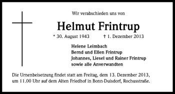 Anzeige von Helmut Frintrup von Kölner Stadt-Anzeiger / Kölnische Rundschau / Express